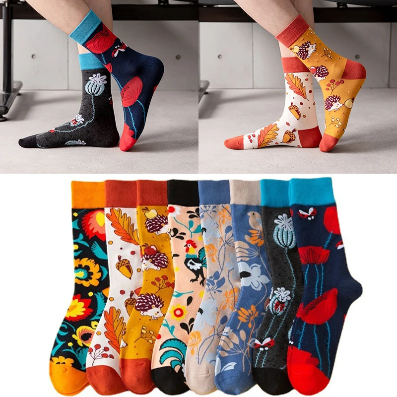 New AB feet flower and bird pattern mid-tube casual socks men\'s trendy socks plus size socks