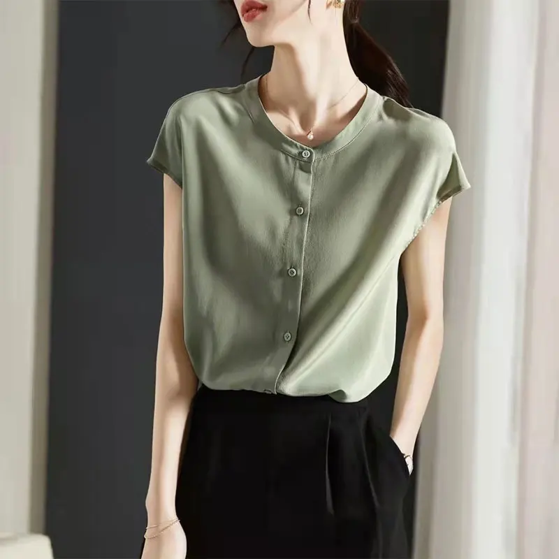 2023 Summer Commute Round Neck Blouse Fashion Single-breasted Women\'s Clothing Solid Color All-match Casual Short Sleeve Shirt