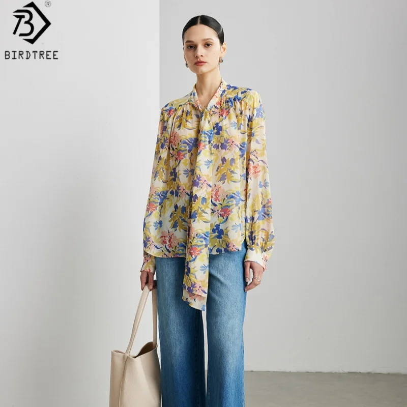 Birdtree, 100% Silk Sheer Blouse, Flower Print Ribbon Thin Tops, Women's Georgette Full Sleeve Shirt, 2026 Spring New T63813JF