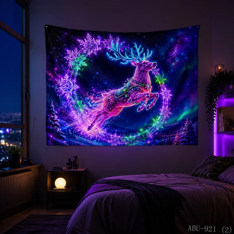 VIKAMA Neon Snowflake Wreath Leaping Deer Christmas Tapestry High Definition Background Cloth Festive Atmosphere Room Decor