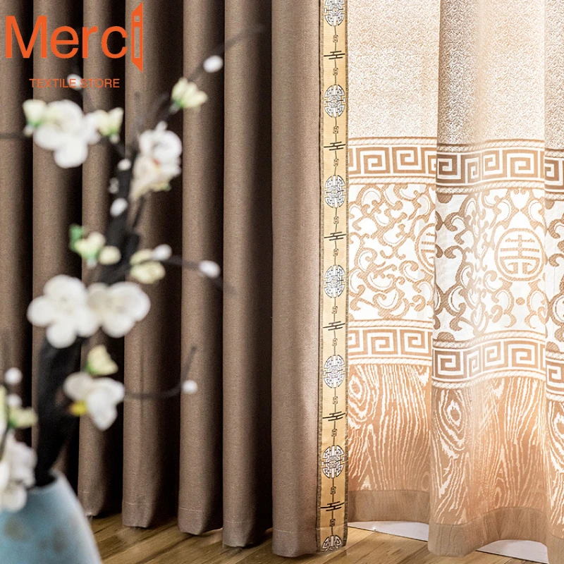 

Chinese Style Curtains for Living Dining Room Bedroom Double-sided Thickened Cotton and Linen Blackout Lace Curtain Tulle Custom