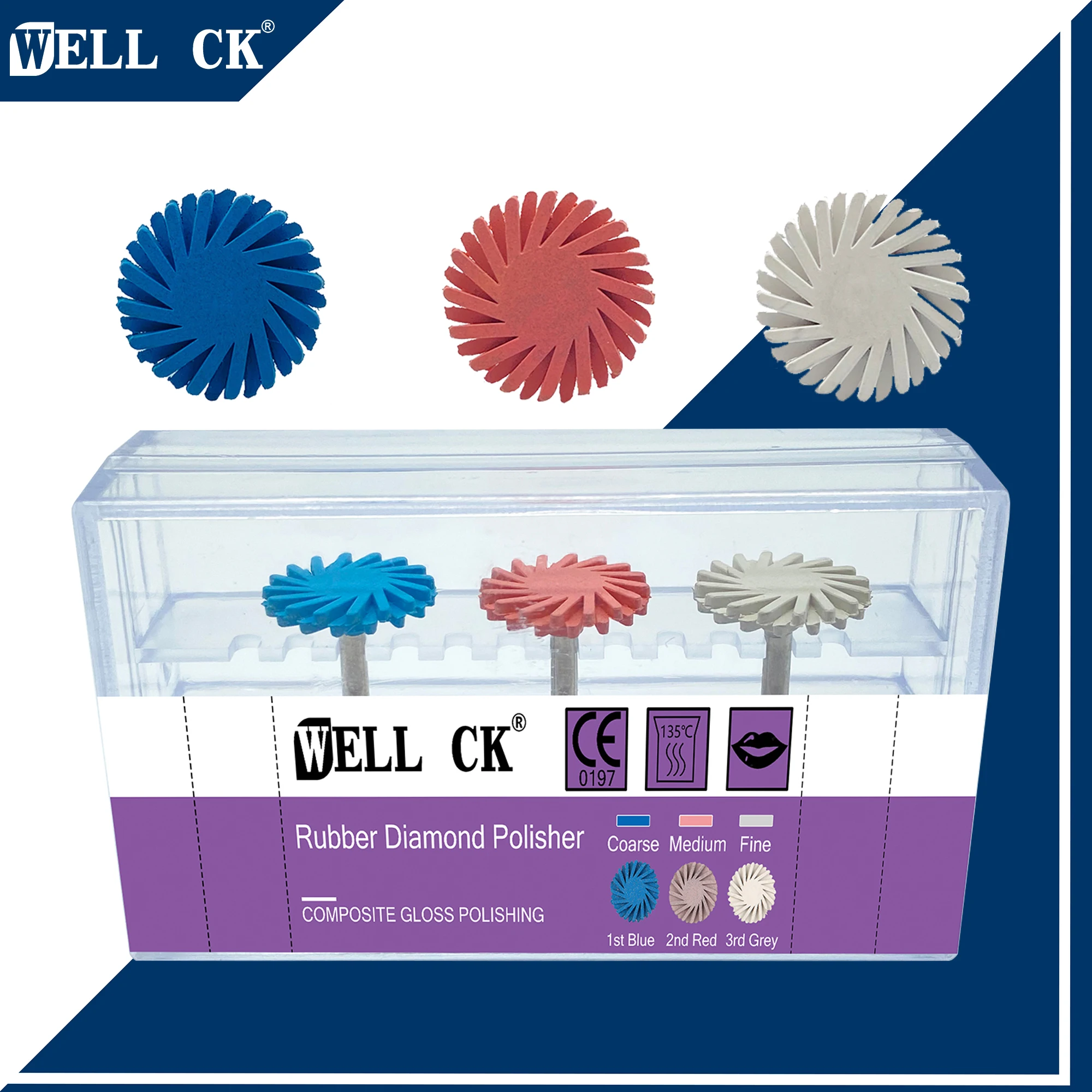 3pcs/Box WELLCK Dental Rubber Polisher Composite Resin Polishing Diamond System RA Disc 14mm Wheel Kit Diamond Spiral Flex Brush