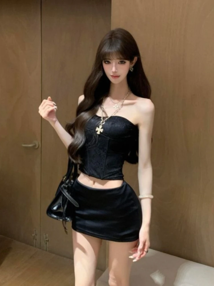 

French Style Pure Desire Sexy Women's Matching Sets Korea Fashion Black Slim Short Strapless Top + Bodycon Skirt Two-piece Set