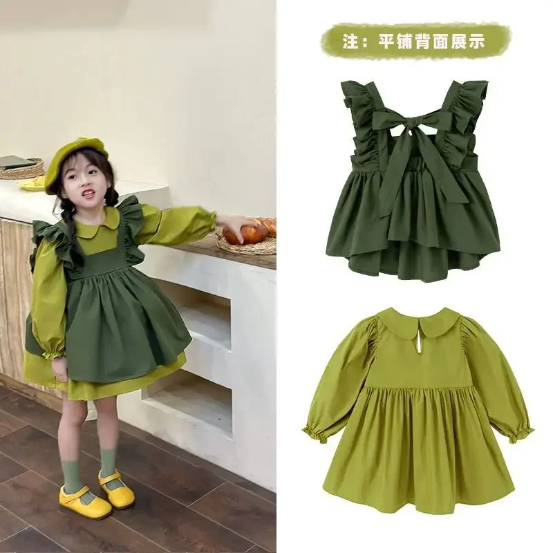 Children's Dress Set Solid Green Long sleeved Dress for Girls+Tank Top Two Piece Fashion Academy Lolita Dress Girls Clothes 2024