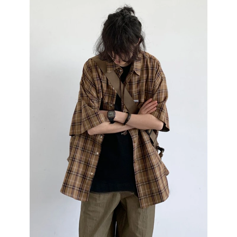 Summer Retro Plaid Shirt Set Men Japanese Contrasting Color Fashion Casual Couple Suit Street Trend Mens Two-piece Set 2024 New