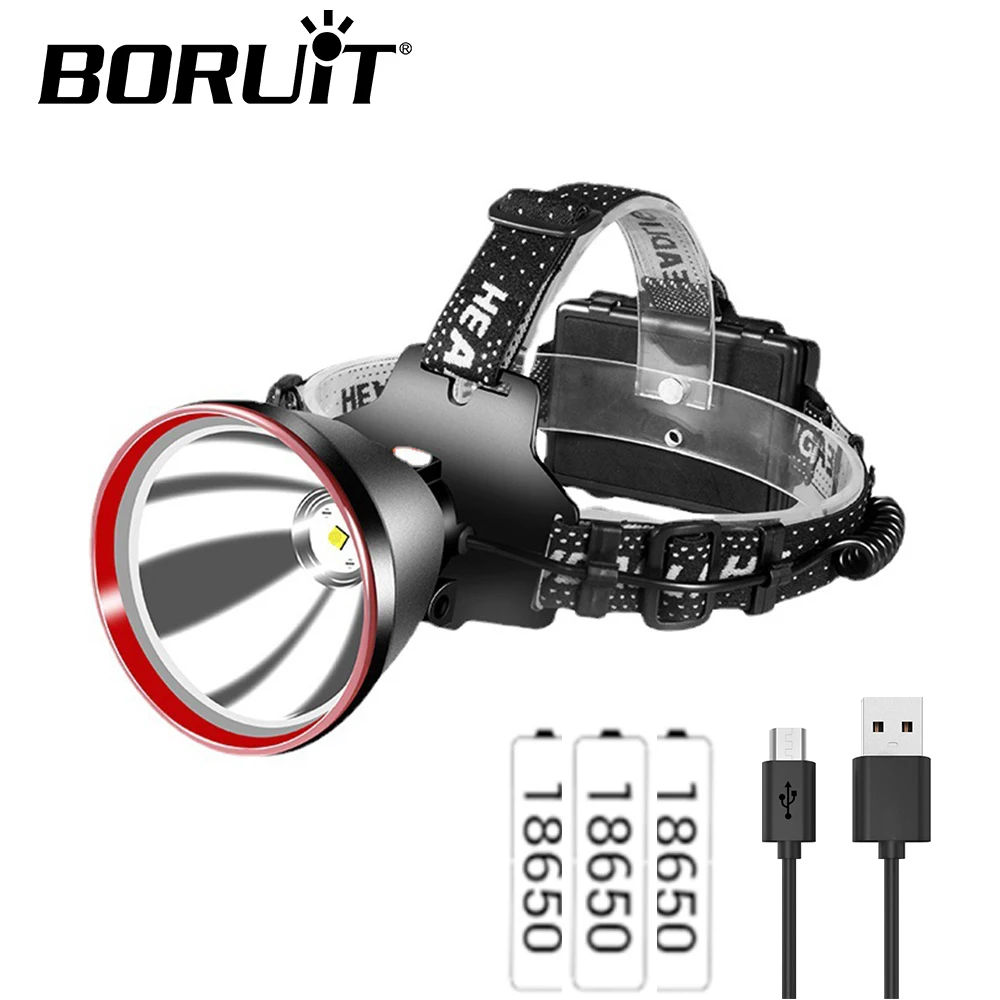 BORUiT 강력한 LED 헤드램프, 18650 배터리, USB 충전식 헤드라이트, 방수 작업 토치, 낚시 조명, 캠핑 랜턴, 5000LM