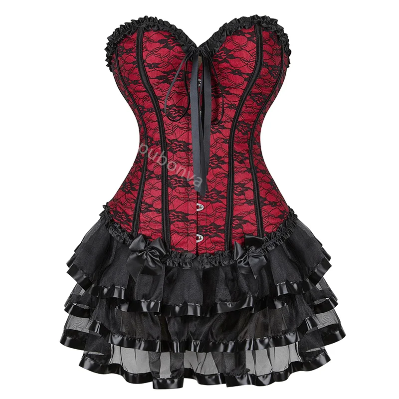 Red Corset Dress Tutu Skrits Set Overbust With Lace Costume Party Sexy Burlesque Ladies Basques Outfit Plus Size Gothic Black