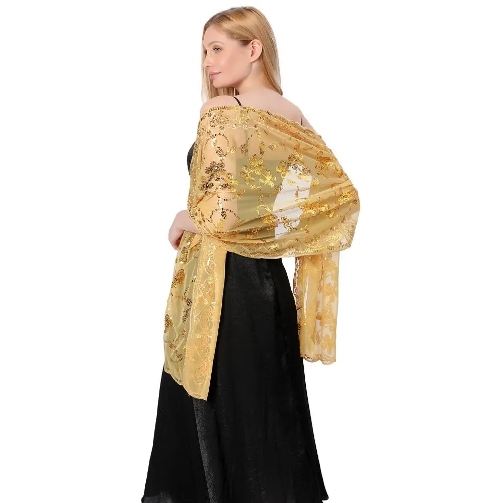 

Sheer Embroidery Sequins Shawls Hollow Out Multicolor Tassel Wrap Tulle Dance Accessories Evening Dress Scarf