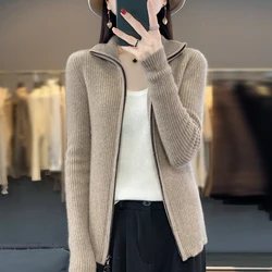 100% Pure Wool Sweater Women's Knitted Standing Neck Zippered Cardigan Slim Fit and Slimming Bottom Sweater Long Sleeved Top