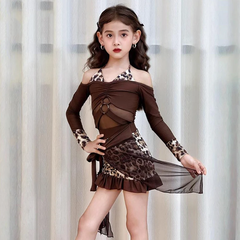 Costume de danse latine pour enfants filles, body et jupes à manches longues en maille imprimé léopard, ensemble de pratique de Performance Rumba Chacha