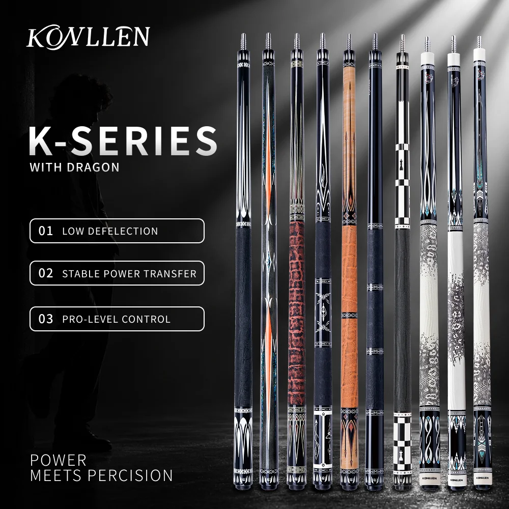 Billiard Pool Cue Stick Carbon Fiber or Maple Shaft Low Deflection Adjustable Weight 58in 3/8x8 Joint 8/9 Ball KONLLEN
