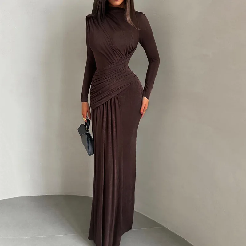 

Ruched Irregular Chic Dress Women High Waist Pleated O Neck Long Sleeve Skinny Stretch Trend Elegant Long Bodycon Outfit Vestido