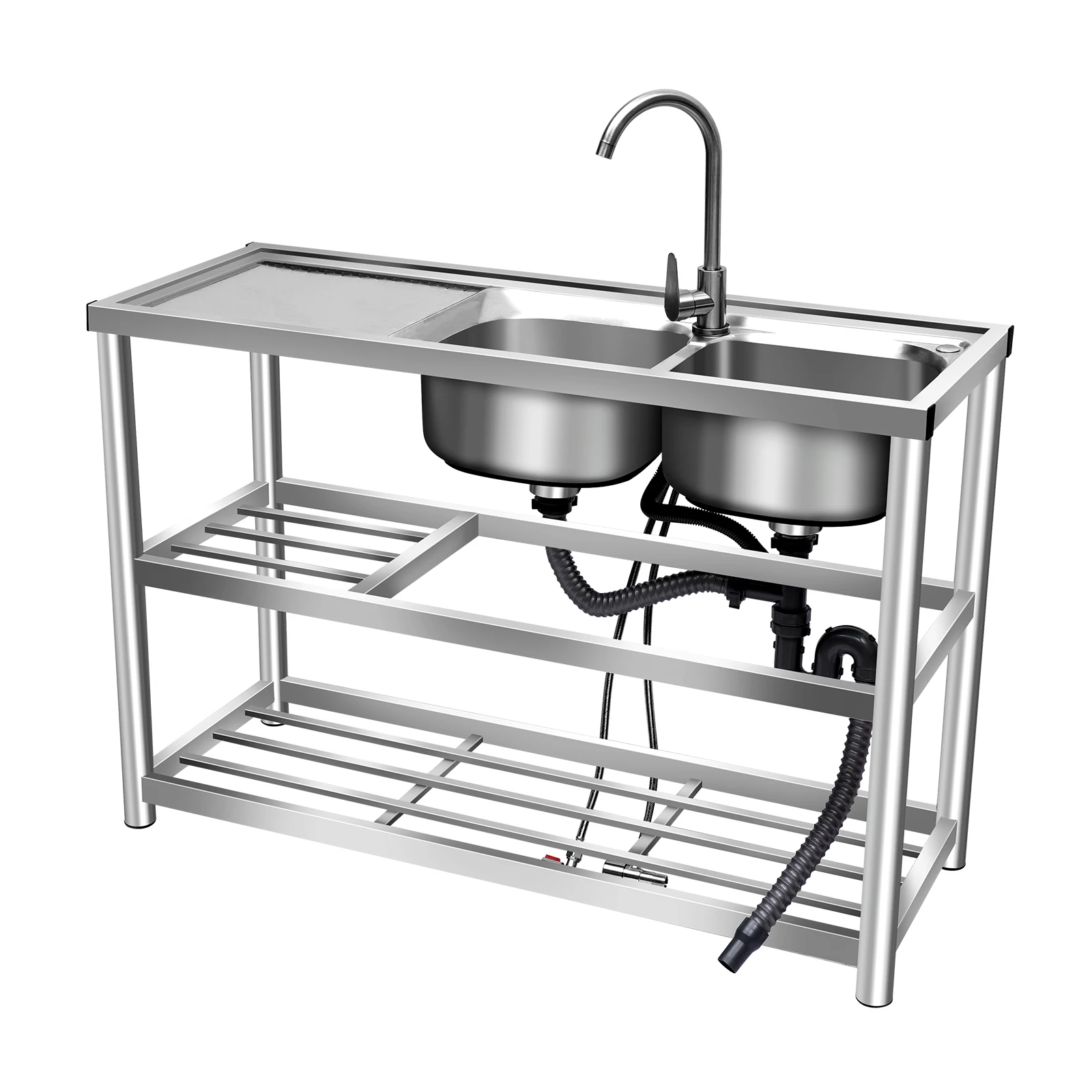 

Catering Sink Commercial Stainless Steel Kitchen Sink Bowl with Drainer 120 Right Double Basin Triple Layer+Hot and Cold Faucet