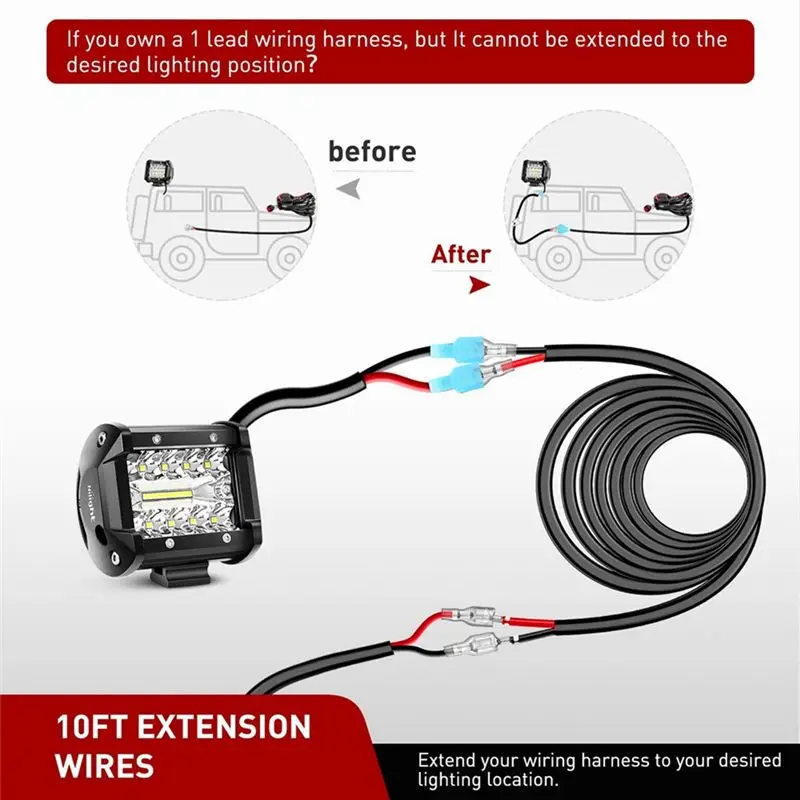 A21F-Wiring Harness Extension Kit Black Wiring Harness Extension Kit 16 AWG 10 Ft 3 Meters For LED Work Light Bar LED Pods