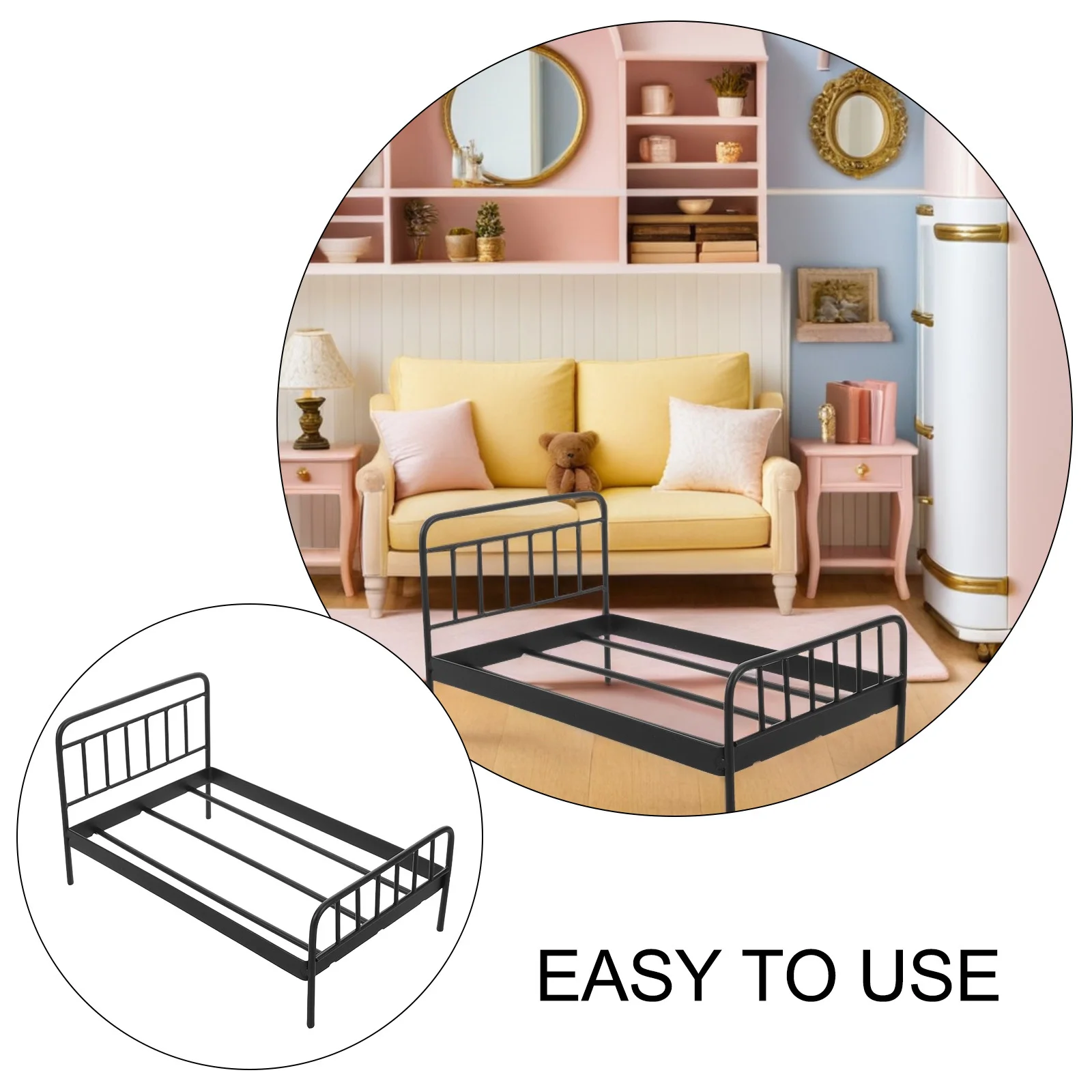 Letto in ferro per casa delle bambole in miniatura Letto a castello in metallo nero Decorazione per mobili per camera da letto per bambini Fai finta di giocare Puntelli per scenari