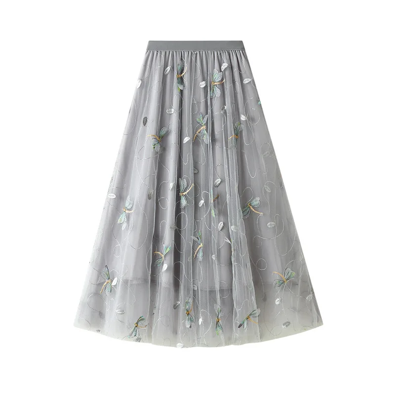 3D Embroidered Mesh Skirt for Women, A-line Skirt, French Romantic Half Skirt, High Waist, Long Skirt, Purchase 3D