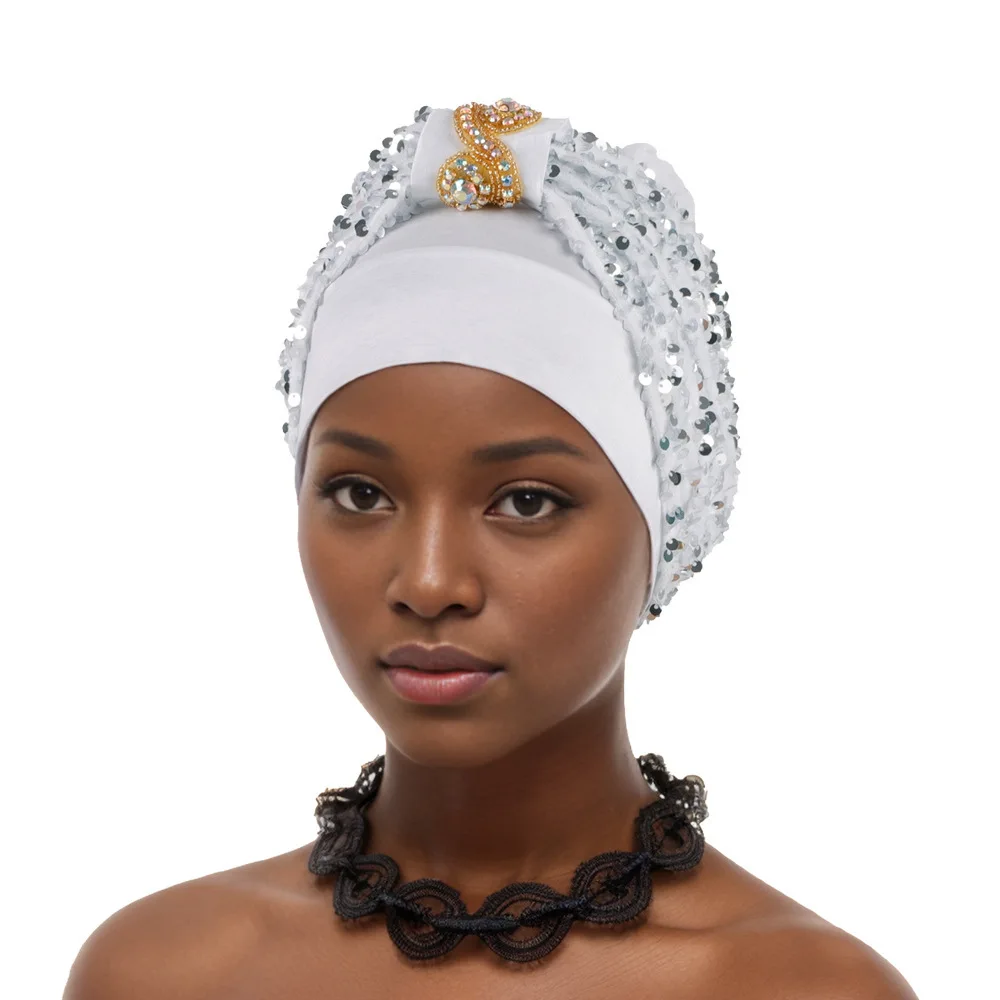 Sequin African Headtie Summer Autumn African Solid Color Party Evening Headtie African Turbans for Women Outfits Caps