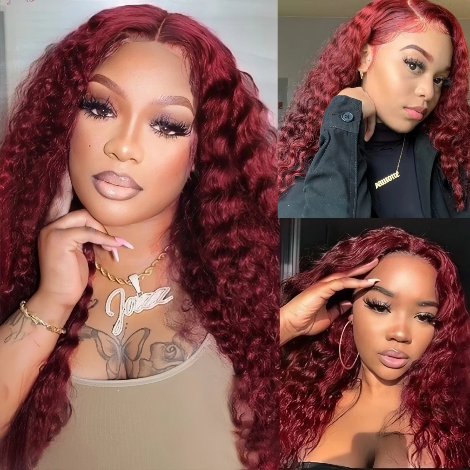 Red Wig Deep Curly Synthetic Lace Front Wig Glueless Afro Kinky Curly Burgundy Colored Hair Lace Frontal Wigs for Women Party