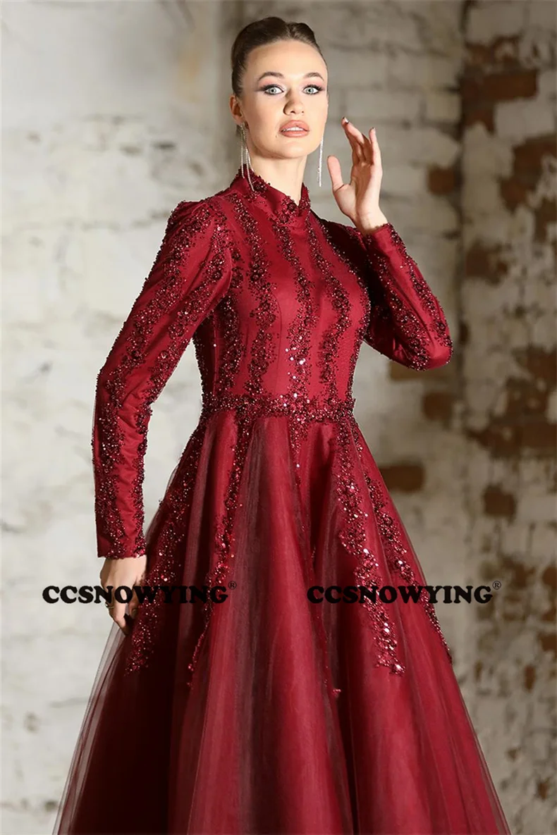 Burgundy Long Sleeves Hijab Evening Dresses Tulle Appliques Muslim Formal Party Gown Arabic Dubai Islamic Robes De Soirée