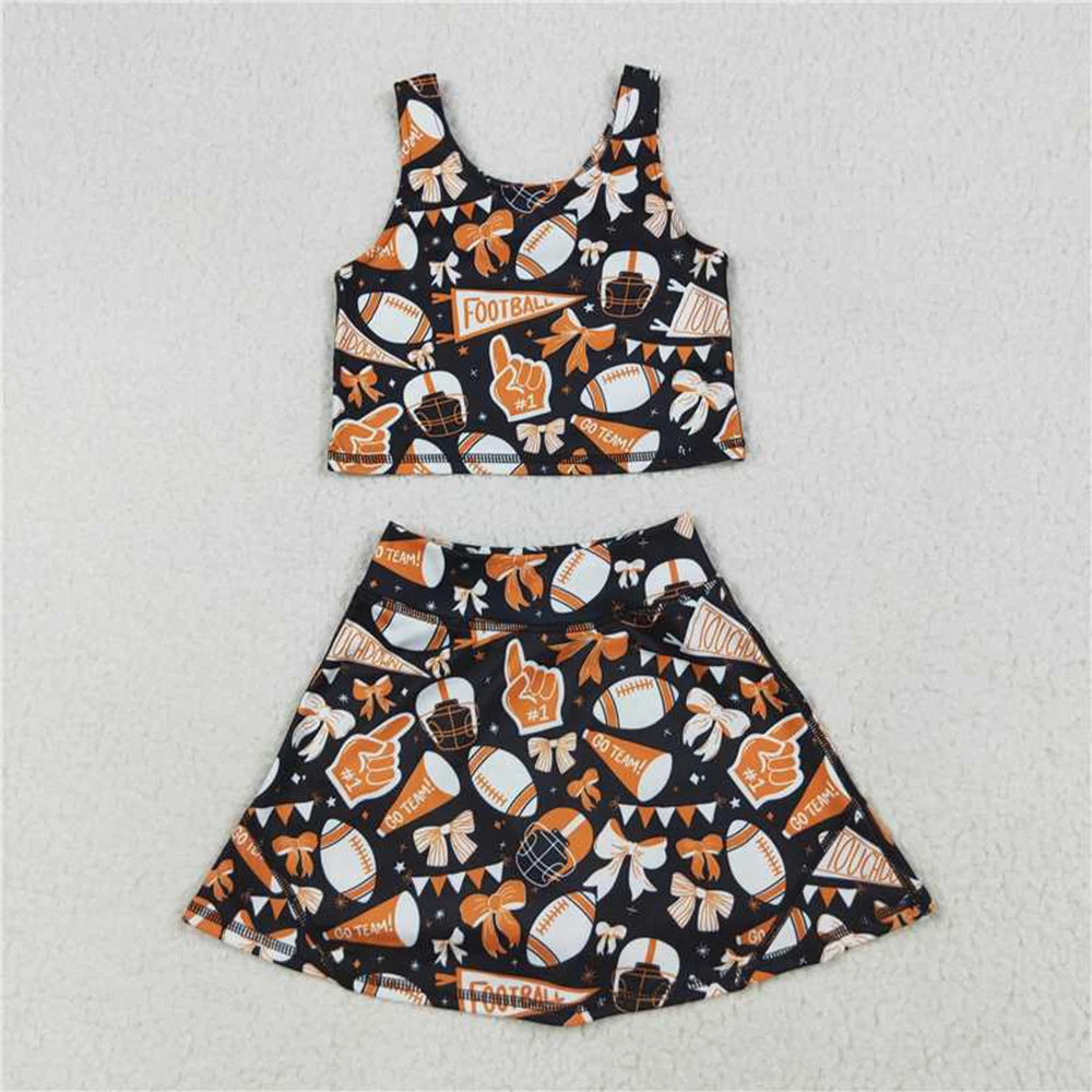 

Baby Girls Orange Football Bows Vest Top with Short Skirts Yoga Sets Outfit for Toddlers Team Sportswear