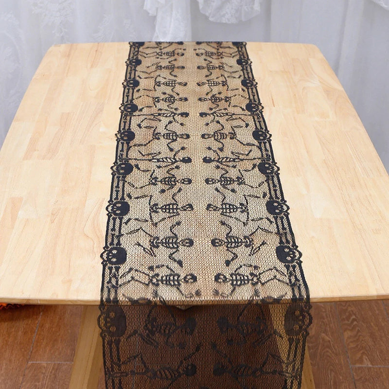مفرش طاولة دانتيل للهالوين مفرش طاولة شبكي عنكبوت أسود غطاء مدفأة ديكور الهالوين 2024 غطاء قماش للحفلات المنزلية #2