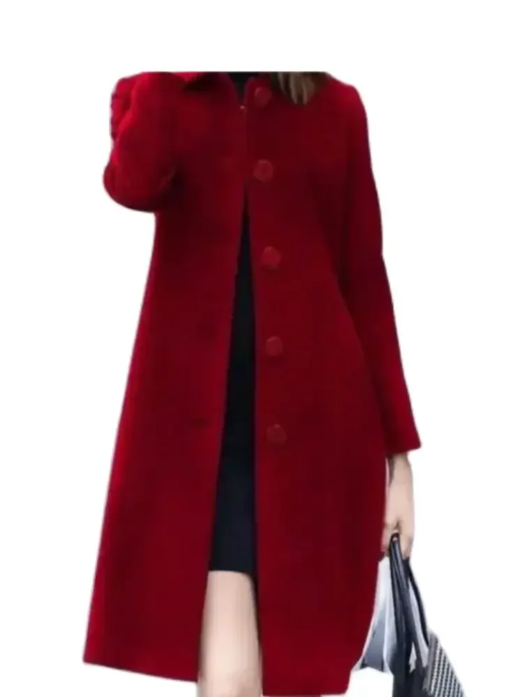 

1pcs/lot luxury style Wool Coat New Autumn Winter Mid-Length Single-Breasted Slim Blended Woolen Overcoat Red Blue Black