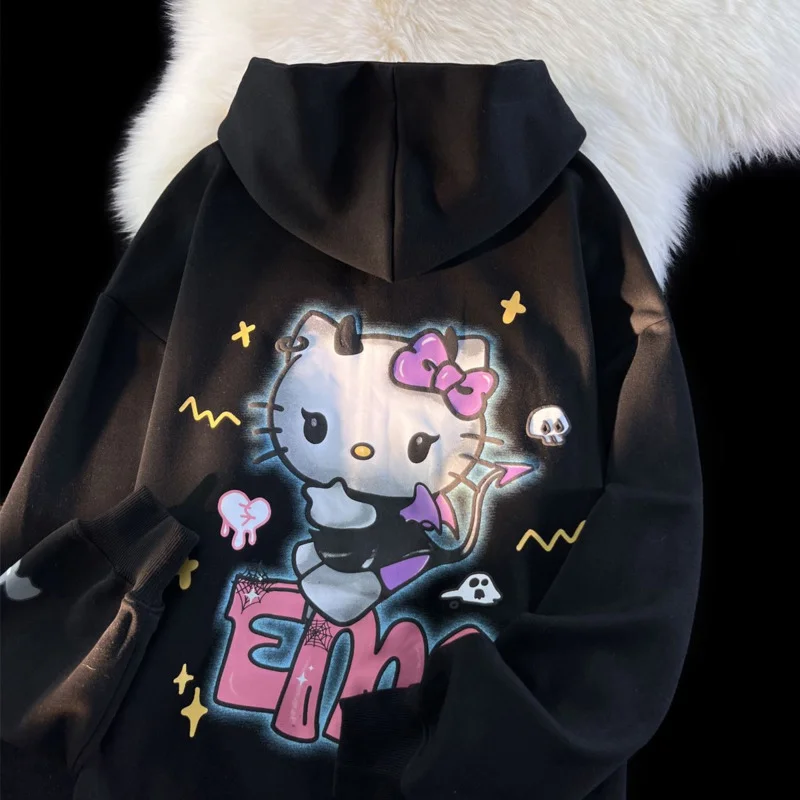 Sanrio Demon Hello Kitty Y2k Vintage Hoodie American Cute Zip Up Coat Women Winter Emo Chic Couple Halloween Sweatshirt Yk2 Tops