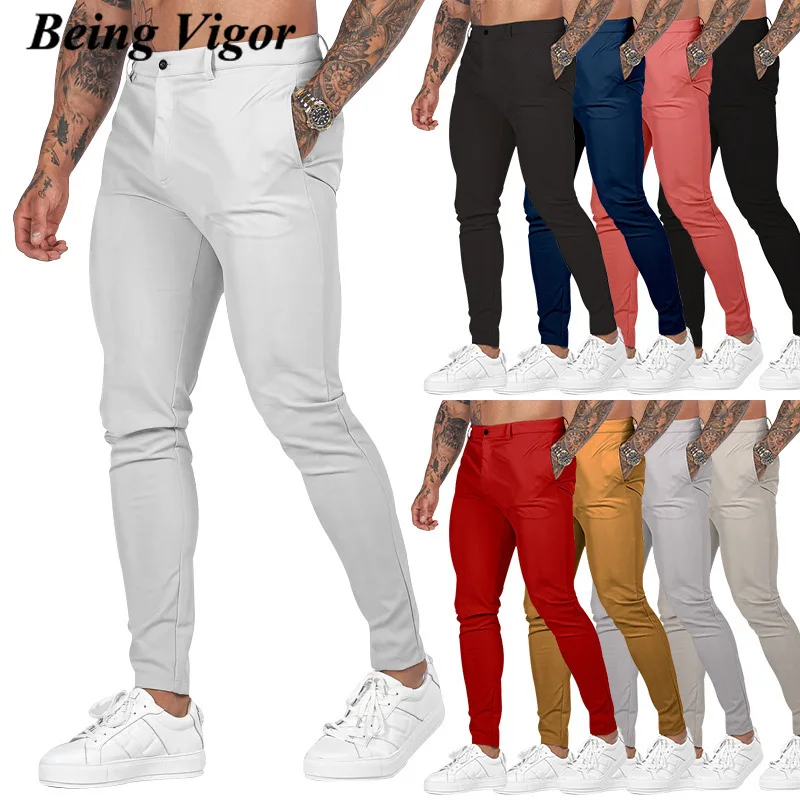 Being Vigor Inch Size Solid Cotton Business Casual Mens Pants Slim Fit Pencial Leg Basic Stretchy Chino Pants Mens Trousers