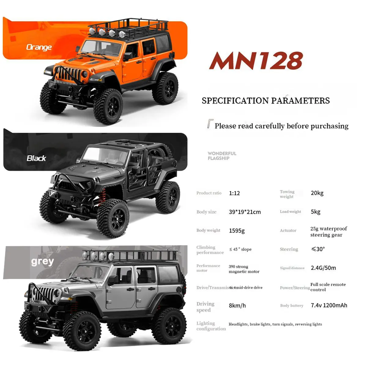 MN128 1/12 RC Car 4WD Jeep Model 2.4G Remote Control LED Light 4X4 Off Road 4WD Climbing RC Toy Car for Boy Christmas Gift