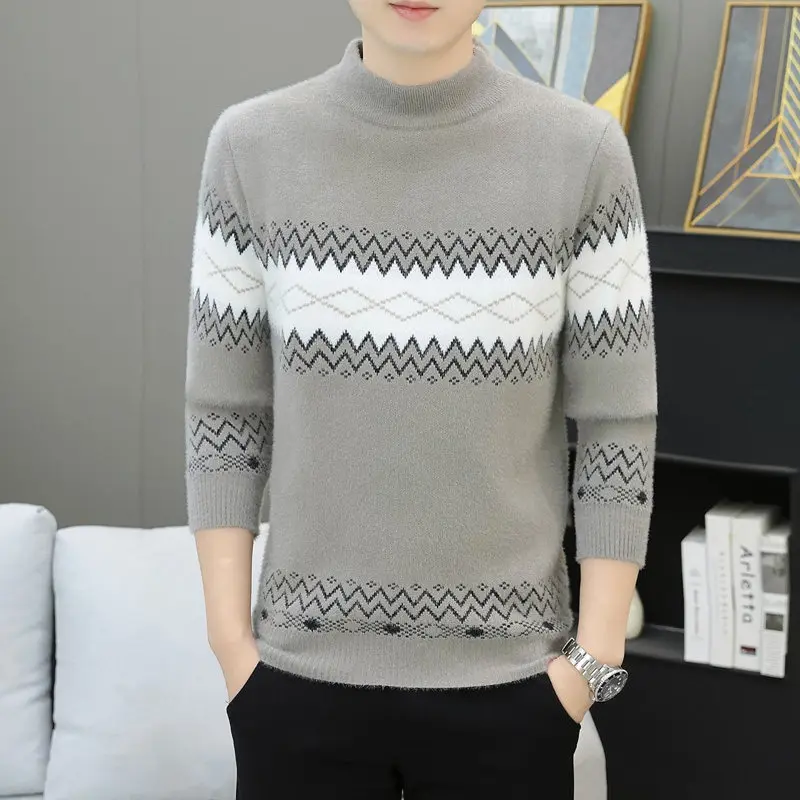 

Men's Wave Knit Sweater Double-sided Faux Fur Crystal Mink Mid-ne Warm Base irt Heat Generating Winter Faion Inner Wear