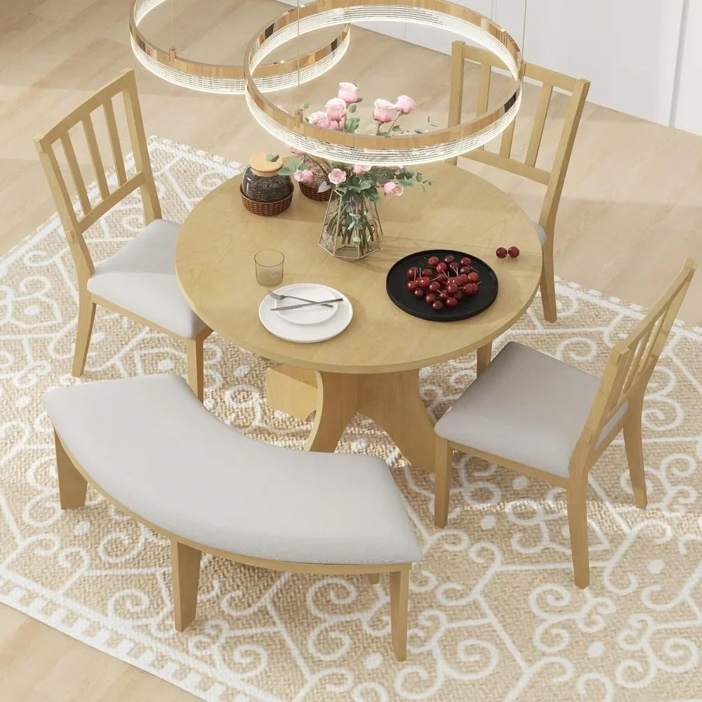 44” Round Dining Table with Upholstered Curved Bench and 3 Upholstered Chairs, 5 Piece Solid Wood Dining Table Set