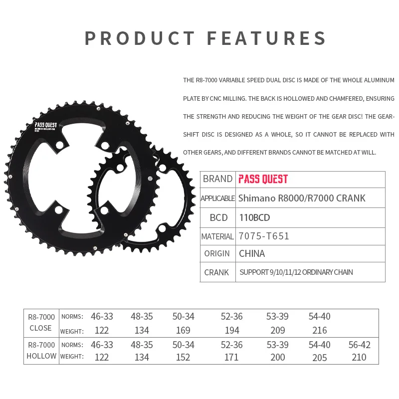 110bcd Double Chainring for Shimano R8000 R7000 Road Bike 46-33T 48-35T 50-34T 52-36T 53-39T 54-40T 56-42T 4 Bolt Chainring 2X