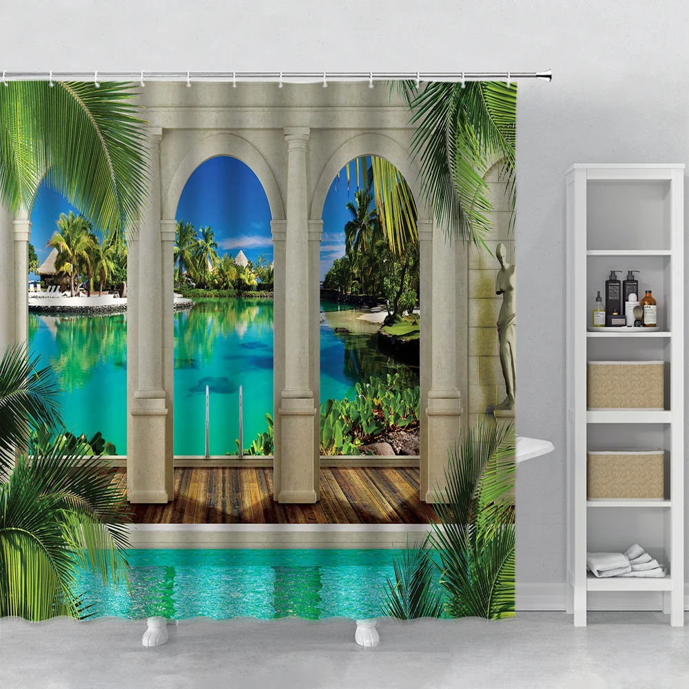 3D Roman Column Palace Sea View Shower Curtain Green Palm Tree Lake Landscape Bathroom Decor Bath Curtain Polyester Fabric Hooks