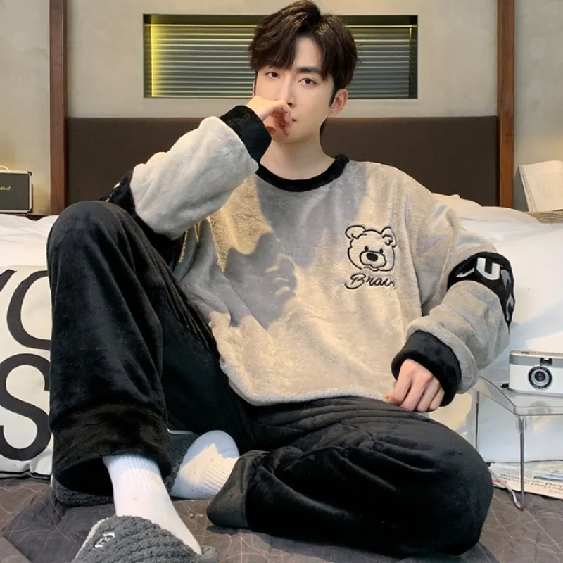 

Зимний фланелевой пижамный комплект, мужская корейская зимняя теплая одежда для сна, ночная рубашка с длинными рукавами и героями мультфильмов, мягкая плюшевая домашняя одежда, домашняя одежда