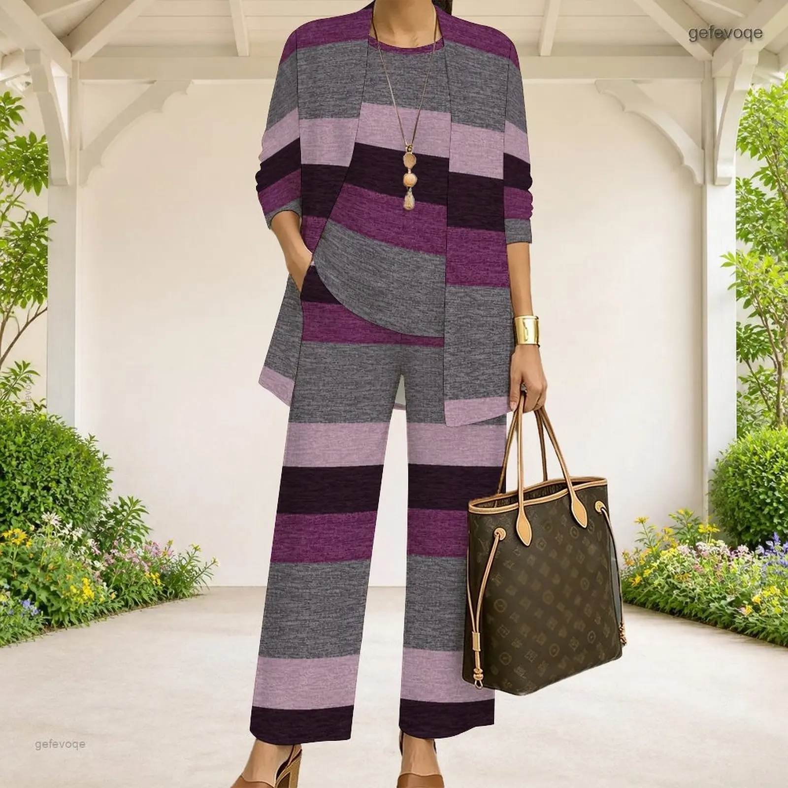 Women Horizontal Striped Print 3/4 Sleeve Open Cardigan Tank Top Long Pants 3 Piece Pants Set
