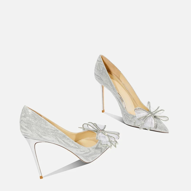 New bow silver high heels for female brides' wedding, crystal wedding shoes, versatile wedding shoes, detailed follow-up shoes