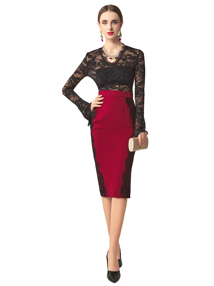 

JUNLINNA Women Runway Dresses Lace Panelled High Street Party Vestidos V Neck Long Sleeve Lady Bottom