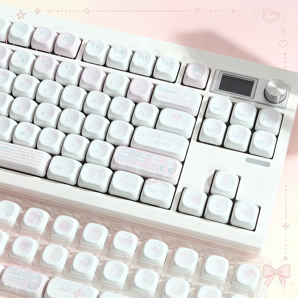 Kawaii Pastel Light Pink Bow House Pattern PBT Keycaps 129-Key MOA Cherry Profile Dye‑Sublimation Keycap for Mechanical Keyboard