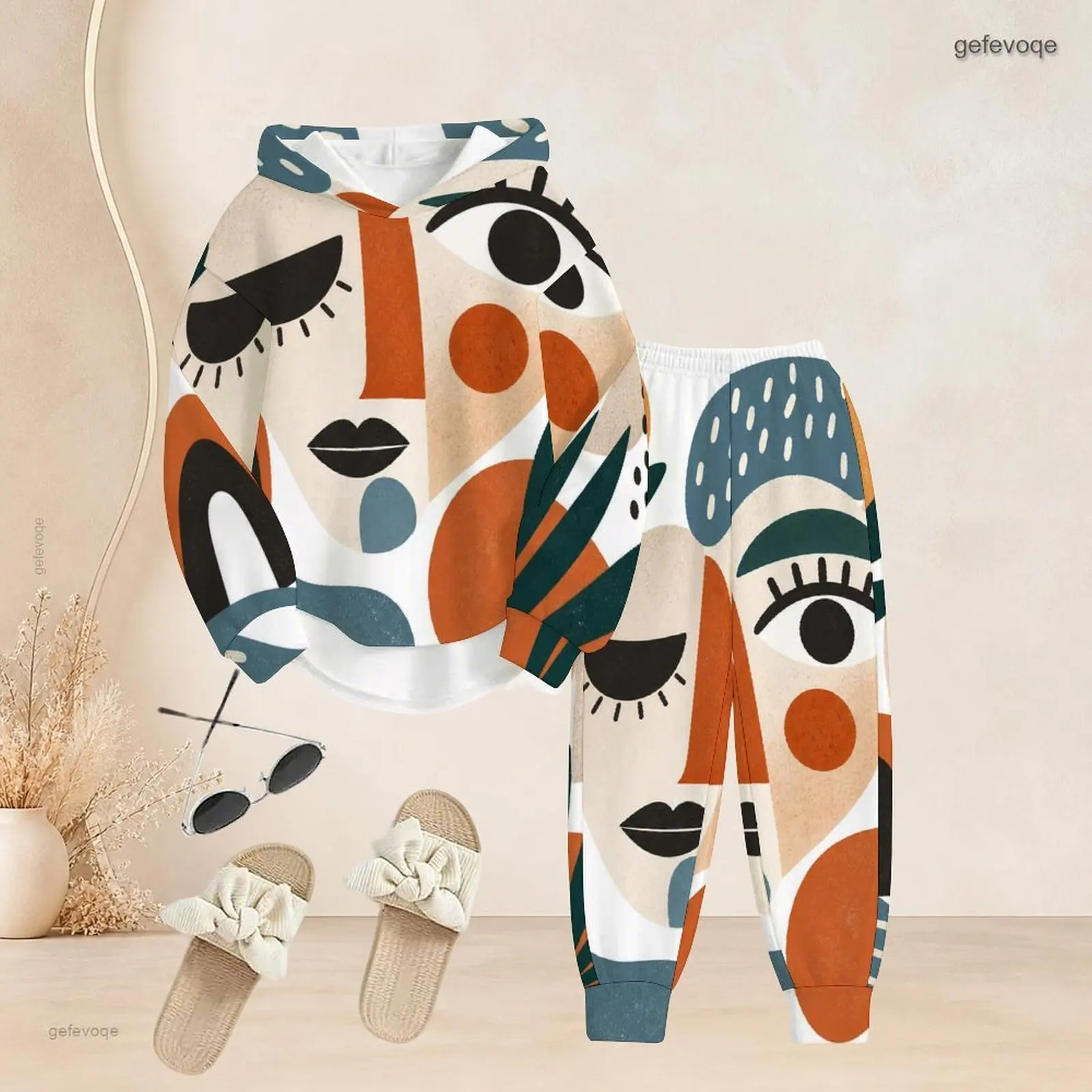 Long Sleeve Hooded Top Cuffed Pants Two Piece Printed Pants Set for Women