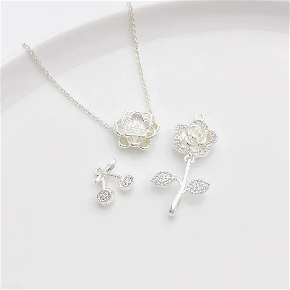 구리 도금 925 실버 컬러 지르콘 체리 로즈 펜던트 비즈 수제 DIY 스트링 팔찌 목걸이 보석 재료