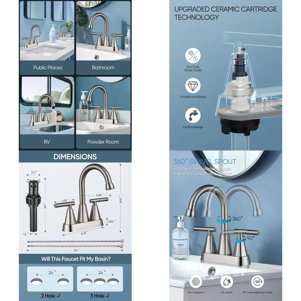 

2-Handle Centerset Bathroom Faucet with 3-Hole 4-Inch Sink Mount, Pop-Up Drain, 2 Hoses, Brushed Nickel, 2-Pack