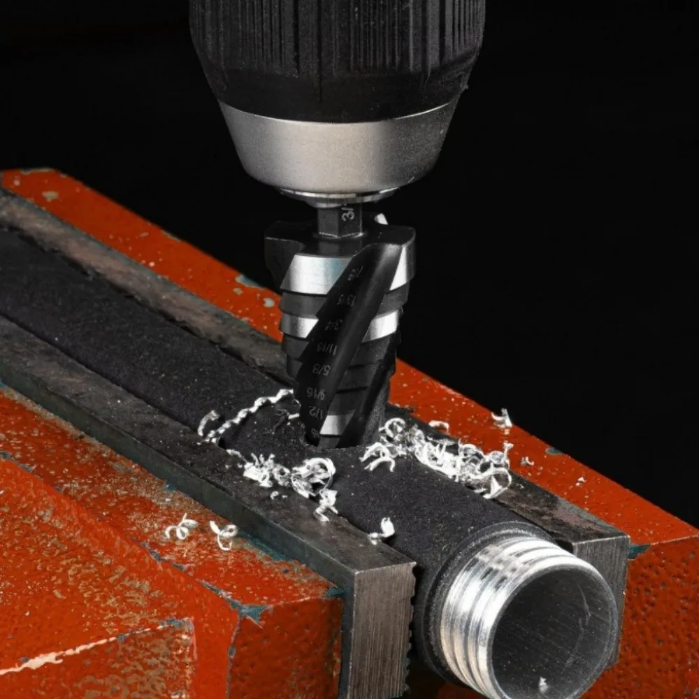 

Spiral Groove Step Drill Bit Four Spiral Flute with 1/4" Hex Shank Punch Holes Drill Bit Faster Drilling Wear-Resistant