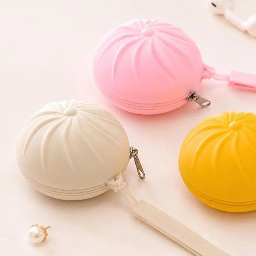 With Keychain Steamed Bun Coin Purse Zipper Closure Compact Size Silicone Storage Pouch Cute Design Silicone Simulation Food Bag