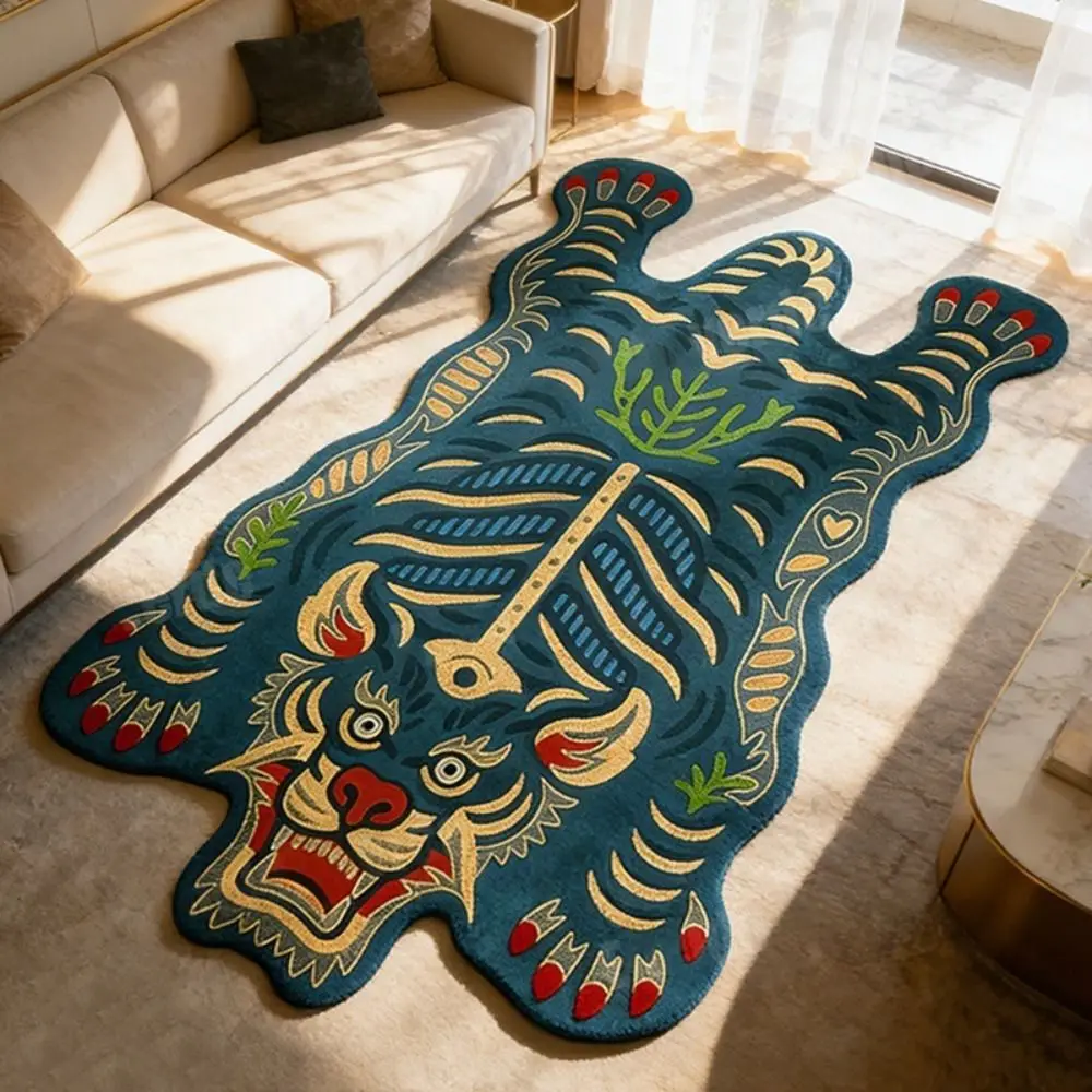 Creative Non Slip Tiger Carpet Lifelike 2D Flat Tiger Cartoon Carpet Unique Shape Washable Creative Floor Mat Bedside