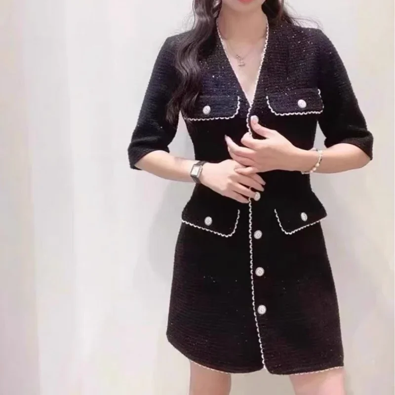 

Women Wavy Trim Shiny Tweed Mini Dress Elegant V-Neck Single Breasted 2023 Fall Female Short Sleeve Robes with Patch Pocket
