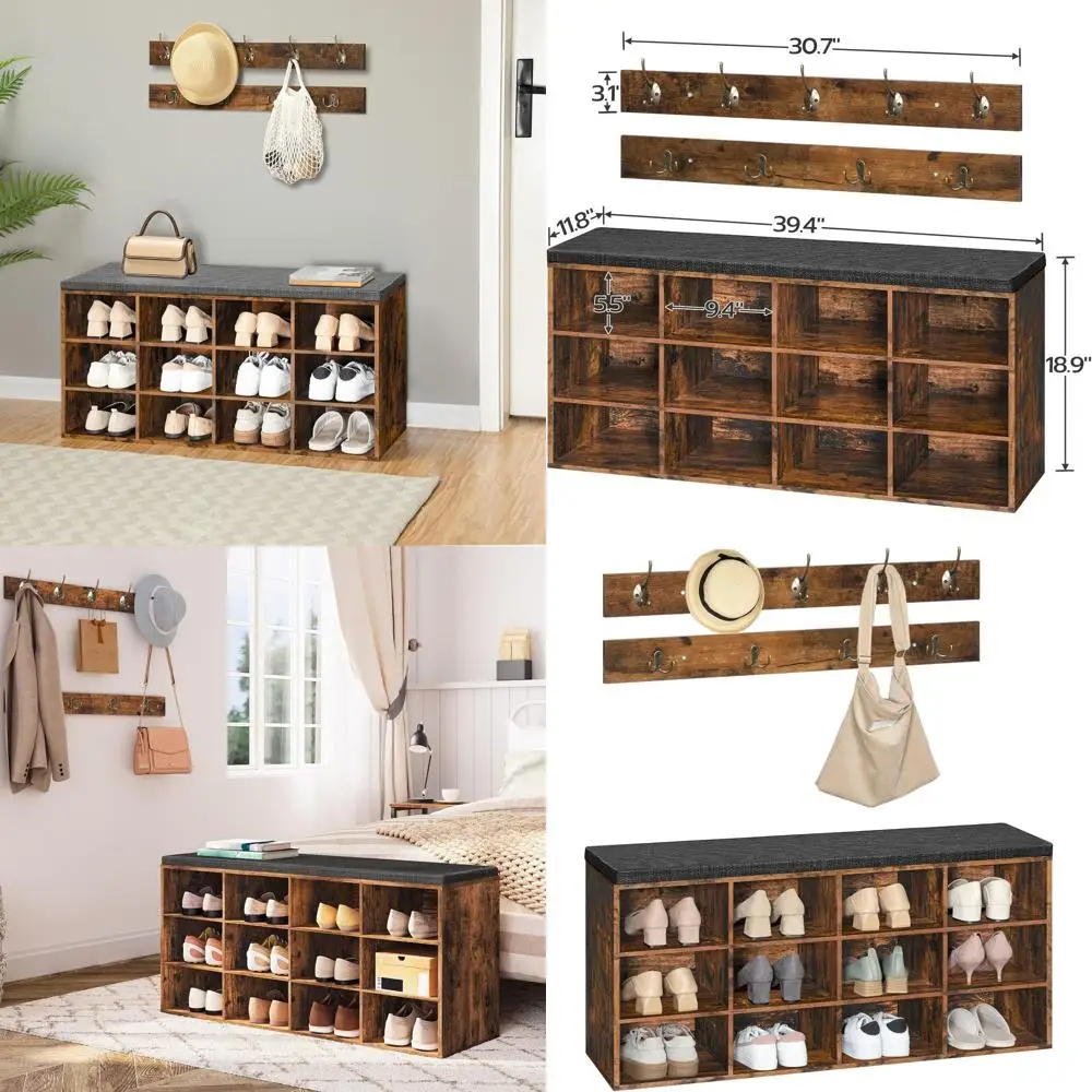 

Скамья для хранения обуви на 12 кубиков с подушкой, длина 39,4, вешалка для одежды, вместимость до 330 фунтов, спальня/прихожая