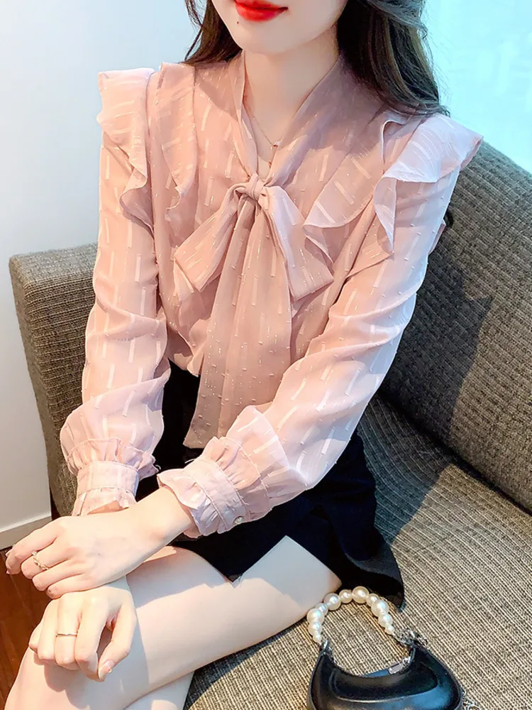 #3236 Spring Pink Chiffon Shirts Blouse Thin Sexy Bow Collar France Style Vintage Office Blouse Femme Slim Fit Spliced Ruffles