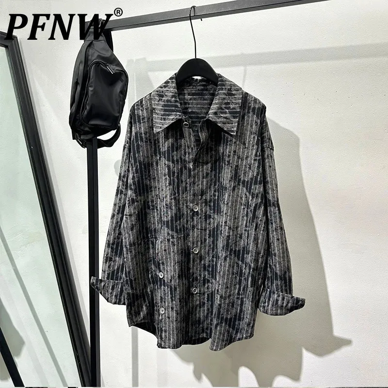 

PFNW New Trendy Men's Shirts Striped Long Sleeve Single Breasted Turn-down Collar Male Tops Autumn Niche Design 2024 12C1029