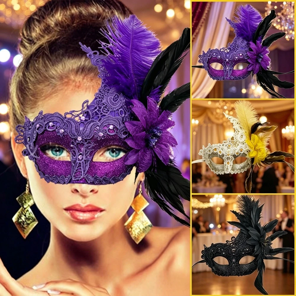 Luxury Rhinestone Lace Feather Venetian Half Face Mask Side Floral Design Masquerade Ball Mardi Gras Dress Up Eye Cover Prop