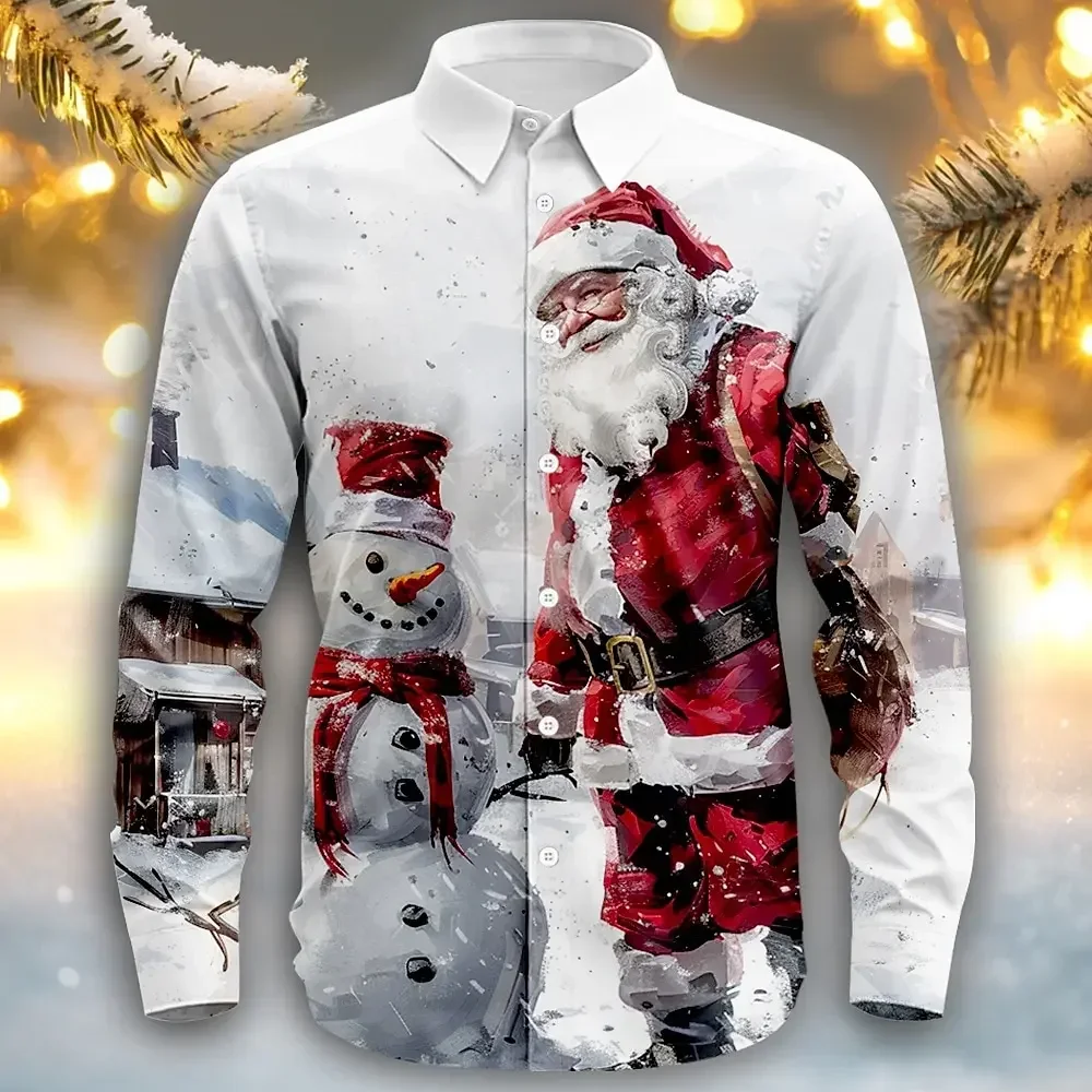 

2025 Christmas Santa Claus&Snowman Print Shirts For Men Festival Casual Men's Shirt Autumn Long Sleeve Top Oversize Men Clothing